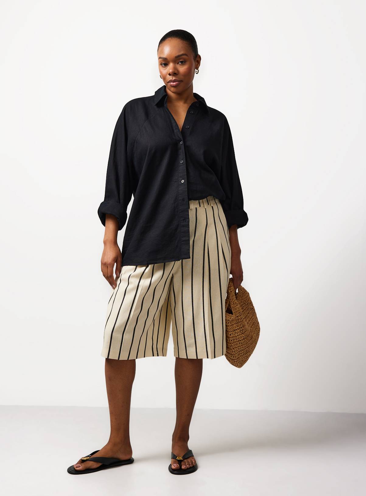 Cream Stripe Tailored Linen Blend Jorts 10 - Image 2